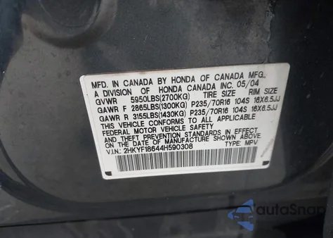 2004 Honda Pilot Ex-L z USA, uszkodzony, nr VIN 2HKYF18644H590308